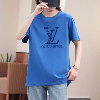 Lv เสื้อยืดแขนสั้น ผ้าฝ้ายแท้ เข้ากับทุกการแต่งกาย แฟชั่นฤดูร้อน สไตล์เรโทร สําหรับผู้ชาย และผู้หญิง
