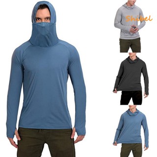 HOT_ เสื้อเชิ้ตมีฮู้ดสีทึบสำหรับผู้ชายบางน้ำหนักเบายืดได้ด้านบนสำหรับการปั่นจักรยานปีนเขากลางแจ้ง