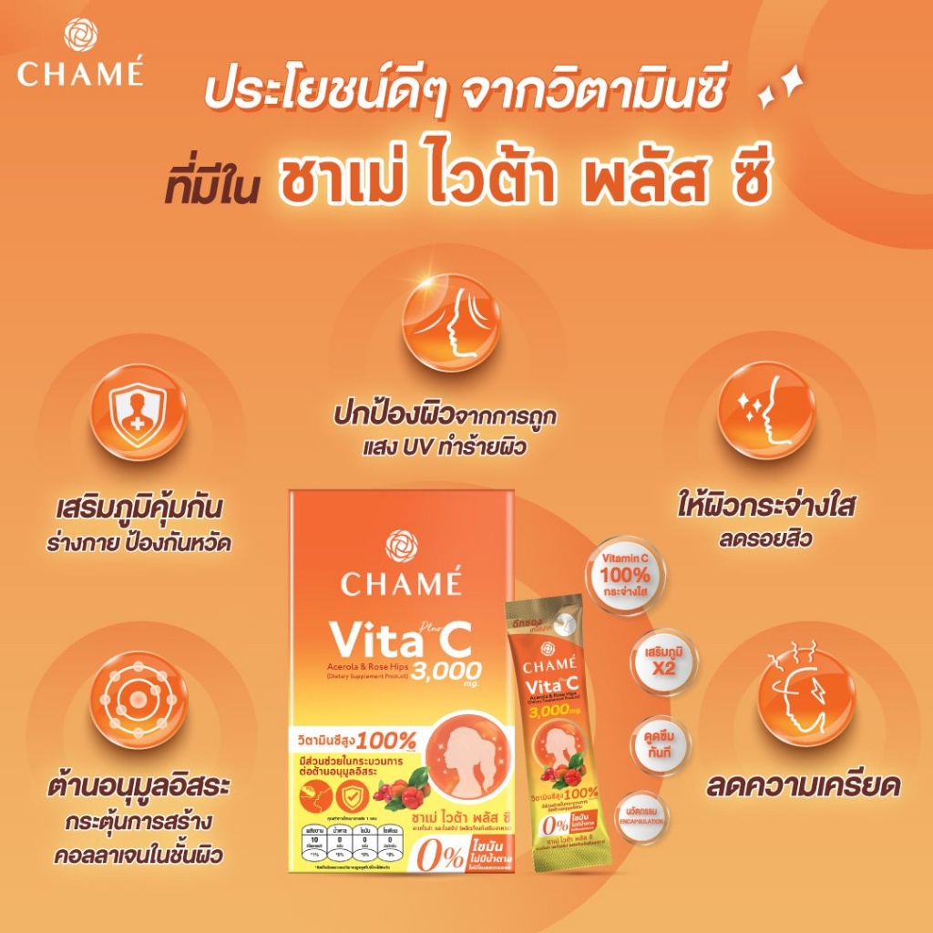 ภาพสินค้าCHAME Vita PlusC Acerola&Rose Hips 10 ซอง 3 กล่องวิตามินซีจาก อะเซโลล่า และ โรสฮิป ช่วยเสริมภูมิคุ้นกัน ป้องกันหวัด จากร้าน chame_official บน Shopee ภาพที่ 3