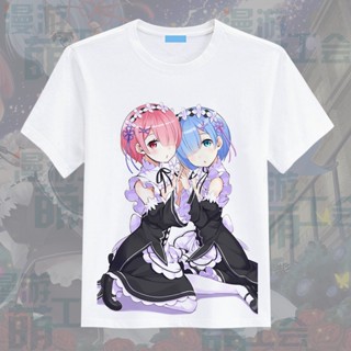 แนวโน้ม เสื้อยืด ☫Re:zero เสื้อยืดแขนสั้นพิมพ์ลายอนิเมะ Rem Ram เสื้อยืดแขนสั้นผ้าฝ้ายพิมพ์ลาย