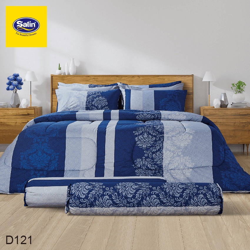 satin-ชุดผ้าปูที่นอน-พิมพ์ลาย-graphic-d121-สีน้ำเงิน-ซาติน-ชุดเครื่องนอน-ผ้าปู-ผ้าปูเตียง-ผ้านวม-กราฟฟิก