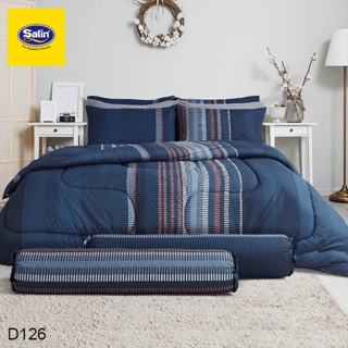 SATIN ชุดผ้าปูที่นอน พิมพ์ลาย Graphic D126 สีน้ำเงินกรมท่า #ซาติน ชุดเครื่องนอน ผ้าปู ผ้าปูเตียง ผ้านวม กราฟฟิก