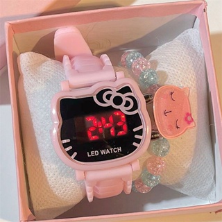 Hello Kitty น่ารักญี่ปุ่นและเกาหลี LED เรืองแสงการ์ตูนนาฬิกาแฟชั่นผู้หญิงกันน้ำ