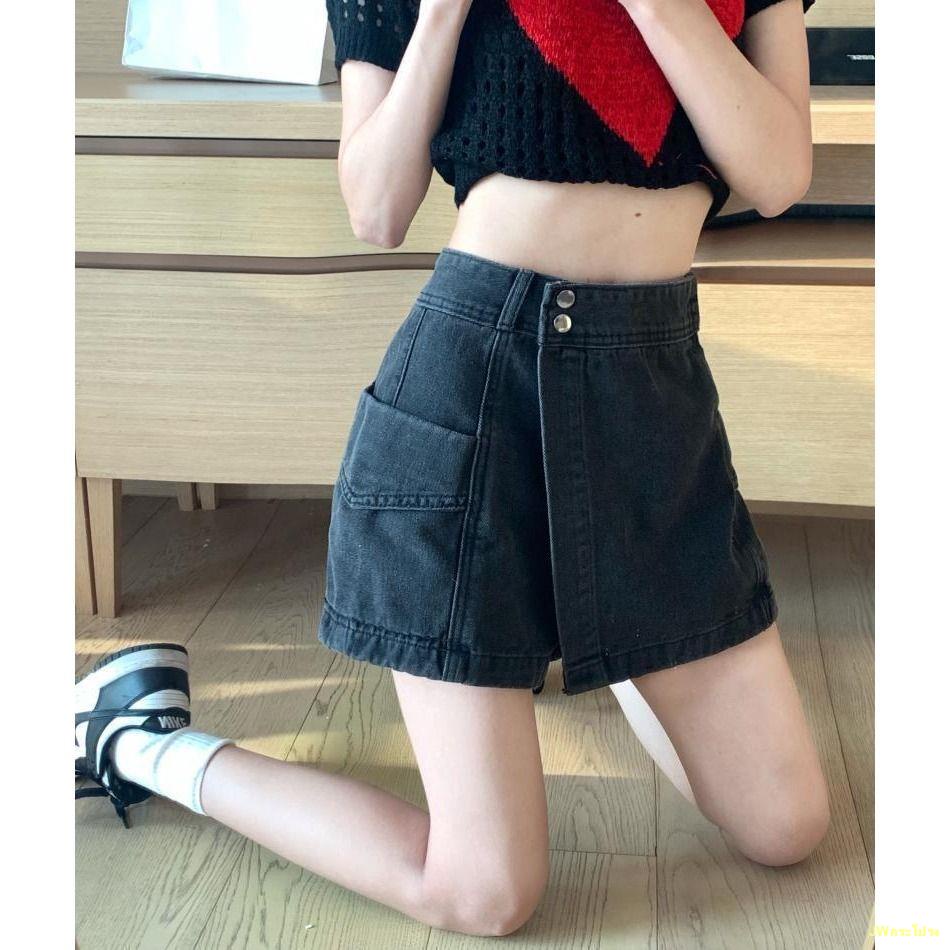 พร้อมส่ง-กระโปรงยีนส์ไม่สม่ำเสมอของผู้หญิงใหม่ย้อนยุคร้อนสาวกระโปรงกางเกงกระโปรงทรงเอ