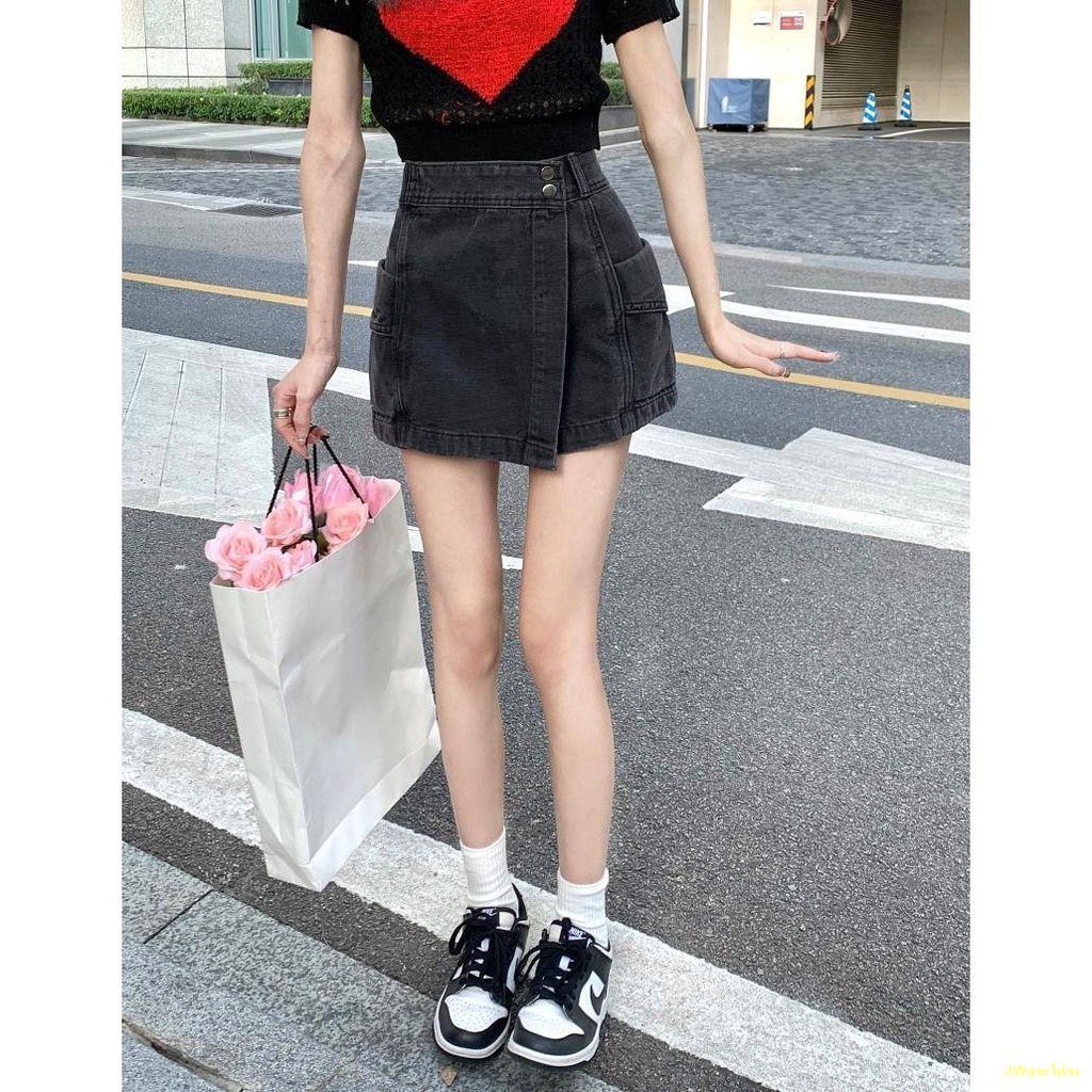 พร้อมส่ง-กระโปรงยีนส์ไม่สม่ำเสมอของผู้หญิงใหม่ย้อนยุคร้อนสาวกระโปรงกางเกงกระโปรงทรงเอ