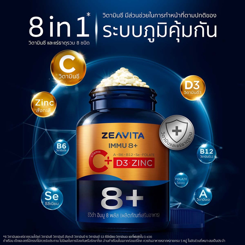 ภาพสินค้าอิมมู8 วิตามินซี + ภูมิคุ้มกัน 8in1 (C+D3+Zinc) (150เม็ดx1กล่อง) ผิวขาว กลูต้า ผิวกระจ่างใส อาหารเสริม ซีวิต้า จากร้าน zeavita บน Shopee ภาพที่ 2