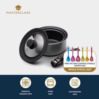 MasterClass Smart Space Set Of Three Stacking Induction-Safe Non-Stick Saucepans With Removable Handle And Universal Lid (Cookware set /Non Stick Cookware Set /Pots and Pans/ Set Alat Memasak  Tidak melekat/ Kuali/ Periuk) เซตเครื่องครัว