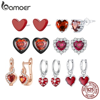 Bamoer ต่างหูเงิน 925 รูปหัวใจ สีแดง เครื่องประดับแฟชั่น สําหรับผู้หญิง ของขวัญ