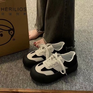 ₪✹﹉He Ruilisi Bai Jingting รองเท้าปุยสไตล์เดียวกันผู้หญิง 2023 ฤดูใบไม้ผลิและฤดูร้อนรองเท้ากระดานจับคู่สีรอบนิ้วเท้าด้าน