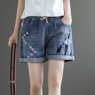 💞กางเกงยีนส์ยืด กางเกงยีนส์ สาวกางเกงขาสั้น สไตล์เกาหลี เย็บปักถักร้อย กางเกงวินเท