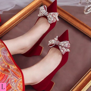 Xiuhe รองเท้าแต่งงาน ส้นหนา สีแดง สไตล์จีน เหมาะกับฤดูร้อน สําหรับผู้หญิงตั้งครรภ์ 2023