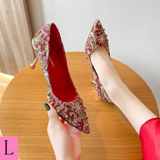 Xiuhe รองเท้าส้นสูง ส้นหนา ประดับหมุด สไตล์จีน สีแดง สําหรับผู้หญิง เจ้าสาว งานแต่งงาน 2023