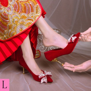 Xiuhe รองเท้าส้นสูง ส้นแบน สวมใส่สบาย สีแดง สําหรับเจ้าสาว งานแต่งงาน