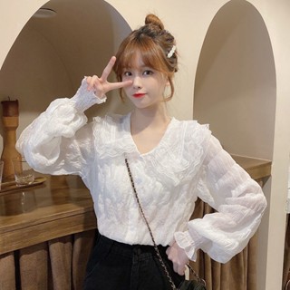 👕XL เกาหลีขนาดใหญ่สีขาว/แอปริคอท ชีฟอง เรียกใช้ก่อน ใบบัวหวาน เสื้อเชิ้ตบางสบาย