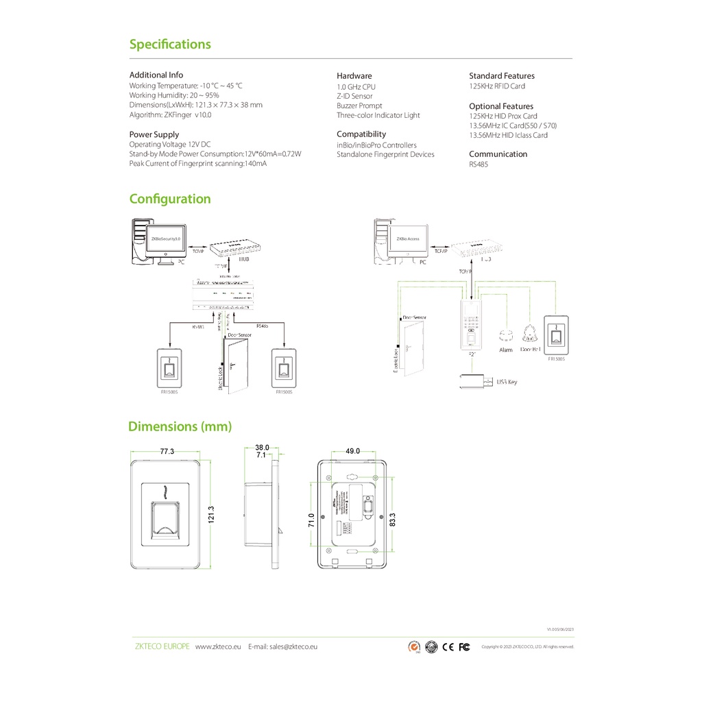 zkteco-fr1500s-fingerprint-reader-เครื่องอ่านลายนิ้วมือ-รับประกัน-1-ปี