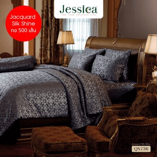 JESSICA ชุดผ้าปูที่นอน พิมพ์ลาย Graphic QS736 Jacquard ทอ 500 เส้น สีเทาเข้ม #เจสสิกา ชุดเครื่องนอน ผ้าปูเตียง ผ้านวม