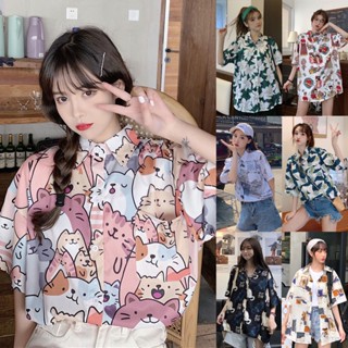 พร้อมส่ง✨แฟชั่นเกาหลีน่ารักลายการ์ตูนพิมพ์เสื้อแขนสั้นกระโหลกชายหาดหลวมเสื้อย้อนยุค