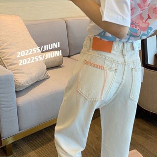 พร้อมส่ง👖2XL เวอร์ชั่นเกาหลีขนาดใหญ่เรียบง่ายพิมพ์การ์ตูนเอวสูงลำลองชายร่างเล็กอเนกประสงค์กางเกงยีนส์สีขาวบางอิน