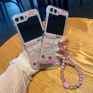 เคสโทรศัพท์มือถือ สไตล์เกาหลีลายการ์ตูนกระต่ายขาวกับแมว เหมาะสำหรับ Samsung Galaxy zflip5 และ zflip4 หน้าจอพับแบบใส