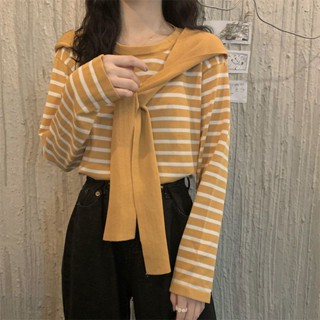 พร้อมส่ง✨สไตล์เกาหลีแฟชั่นและสบายอารมณ์เสื้อถักผ้ายืดใหม่ผ้าคลุมไหล่ลายทุกการแข่งขันเสื้อเชิ้ตแขนยาว 5 สี