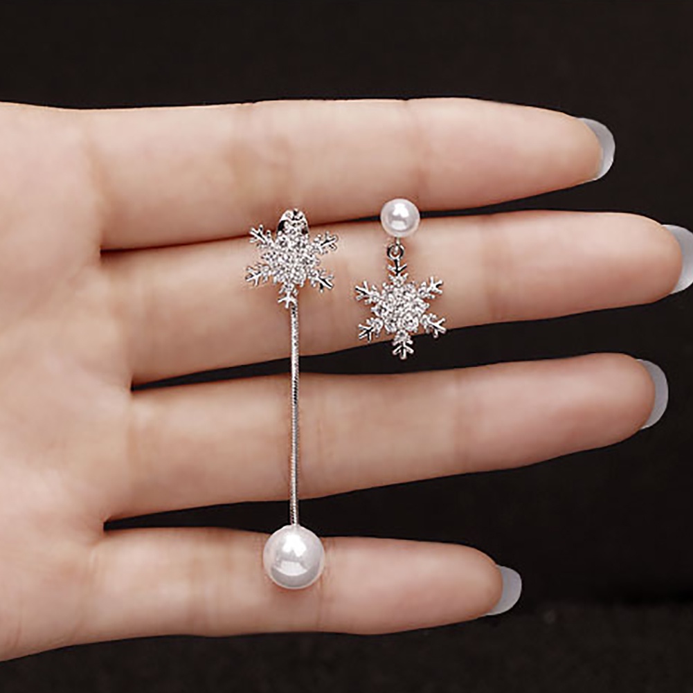 pota-ต่างหูเกล็ดหิมะอสมมาตรผู้หญิงแฟชั่นพู่ยาว-faux-pearl-eardrop-ของขวัญ