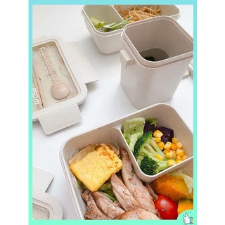 กล่องข้าวเก็บอุณหภูมิ กระเป๋าใส่กล่องข้าว กล่องเบนโตะฟางข้าวสาลีสไตล์ญี่ปุ่นสามารถอุ่นกล่องอาหารกลางวันนักเรียนในไมโครเวฟได้