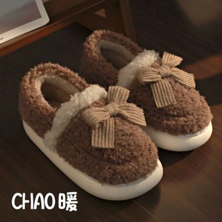 ✷☃❍กระเป๋าส้นรองเท้าแตะผ้าฝ้ายผู้หญิงฤดูหนาวคู่Retro Bow WARM Non-SLIPหนาsoledในร่มPlushรองเท้าผ้าฝ้ายผู้ชาย