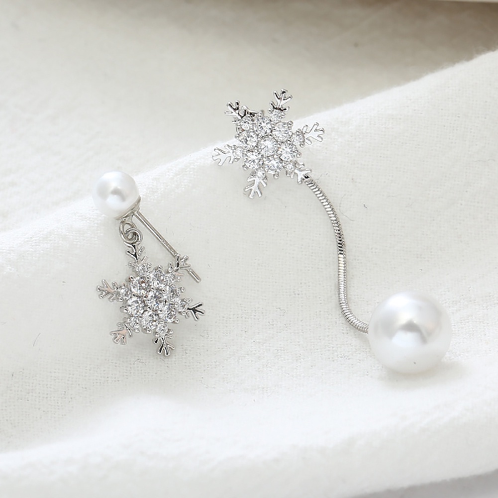 pota-ต่างหูเกล็ดหิมะอสมมาตรผู้หญิงแฟชั่นพู่ยาว-faux-pearl-eardrop-ของขวัญ