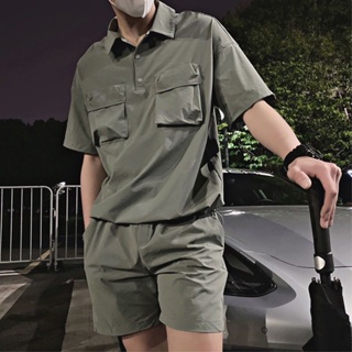 2023ชุดเครื่องมือใหม่ชุดสูทผู้ชายอินเทรนด์ฤดูร้อนสีเขียวทหารกางเกงขาสั้นแขนสั้นสองชิ้น