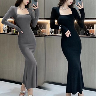 พร้อมส่ง🌟ชุดเดรสแขนยาวสไตล์เกาหลีแฟชั่นสีทึบคอสี่เหลี่ยมเซ็กซี่พร้อมเดรสยาวเย็บปะติดปะต่อเอวลดความอ้วนใหม่