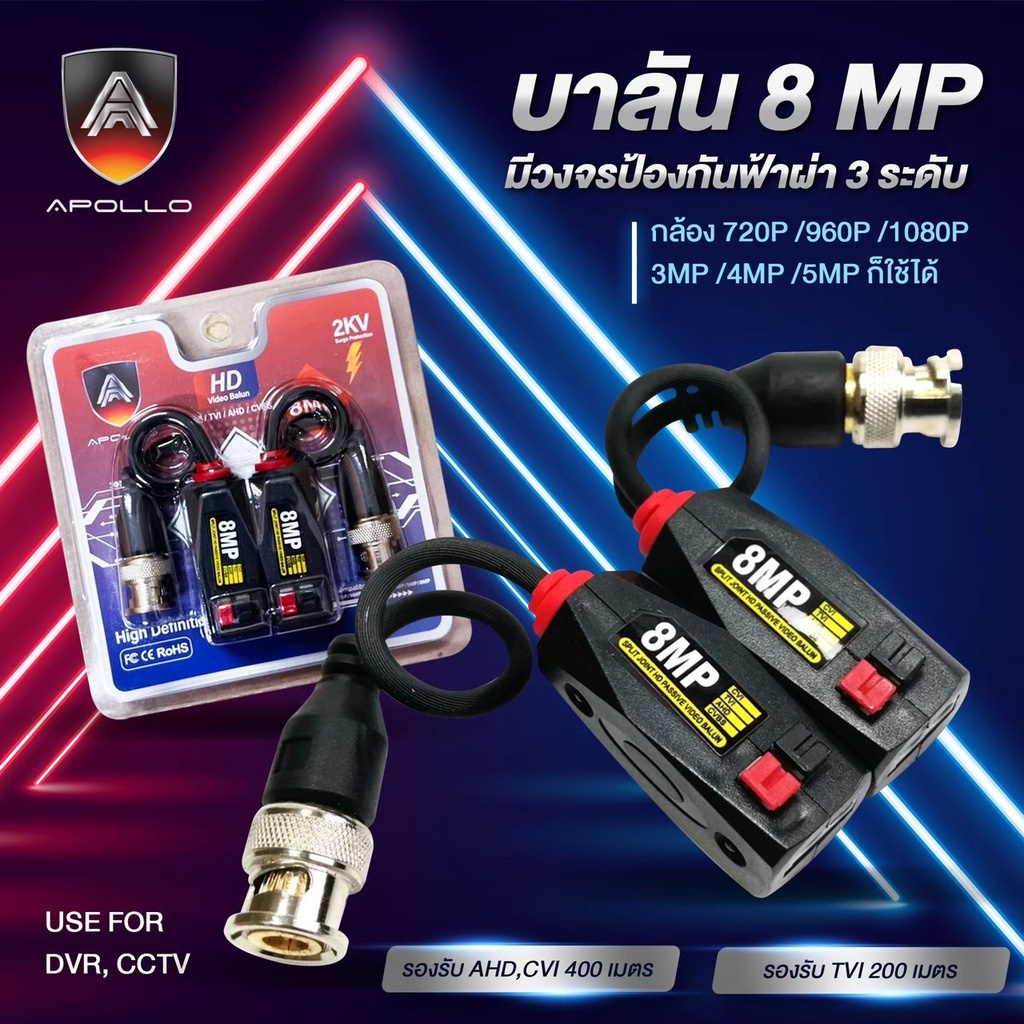 Apollo Balun บาลัน 8MP รุ่น APL-018 มีวงจรป้องกันฟ้าผ่า 3 ระดับ สำหรับกล้องวงจรปิด CCTV Analog 4ระบบ
