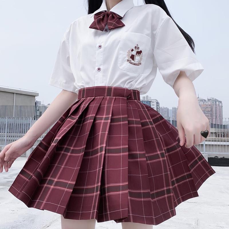 ชุดสูทสองชิ้น-ชุด-jk-กระโปรงกลางแบรนด์ญี่ปุ่นเอวสูงสไตล์วิทยาลัยนักเรียนจีบกระโปรงกระโปรงลายสก๊อตแขนสั้นหญิง