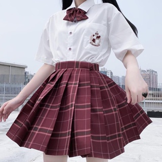 △№◄[ชุดสูทสองชิ้น] ชุด JK กระโปรงกลางแบรนด์ญี่ปุ่นเอวสูงสไตล์วิทยาลัยนักเรียนจีบกระโปรงกระโปรงลายสก๊อตแขนสั้นหญิง