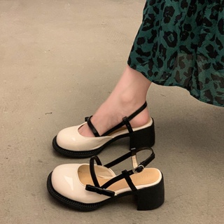 [พร้อมส่ง] Niche Mary Jane Baotou รองเท้าแตะหนัง ส้นแบน ขนาดเล็ก สําหรับผู้หญิง 2023