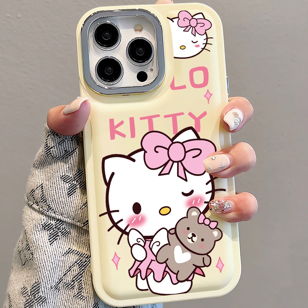 เคสโทรศัพท์มือถือนิ่ม-ลายการ์ตูนเฮลโลคิตตี้-หมี-โลหะ-สําหรับ-iphone-14promax-13-12-11-7plus-x-xr-xsmax