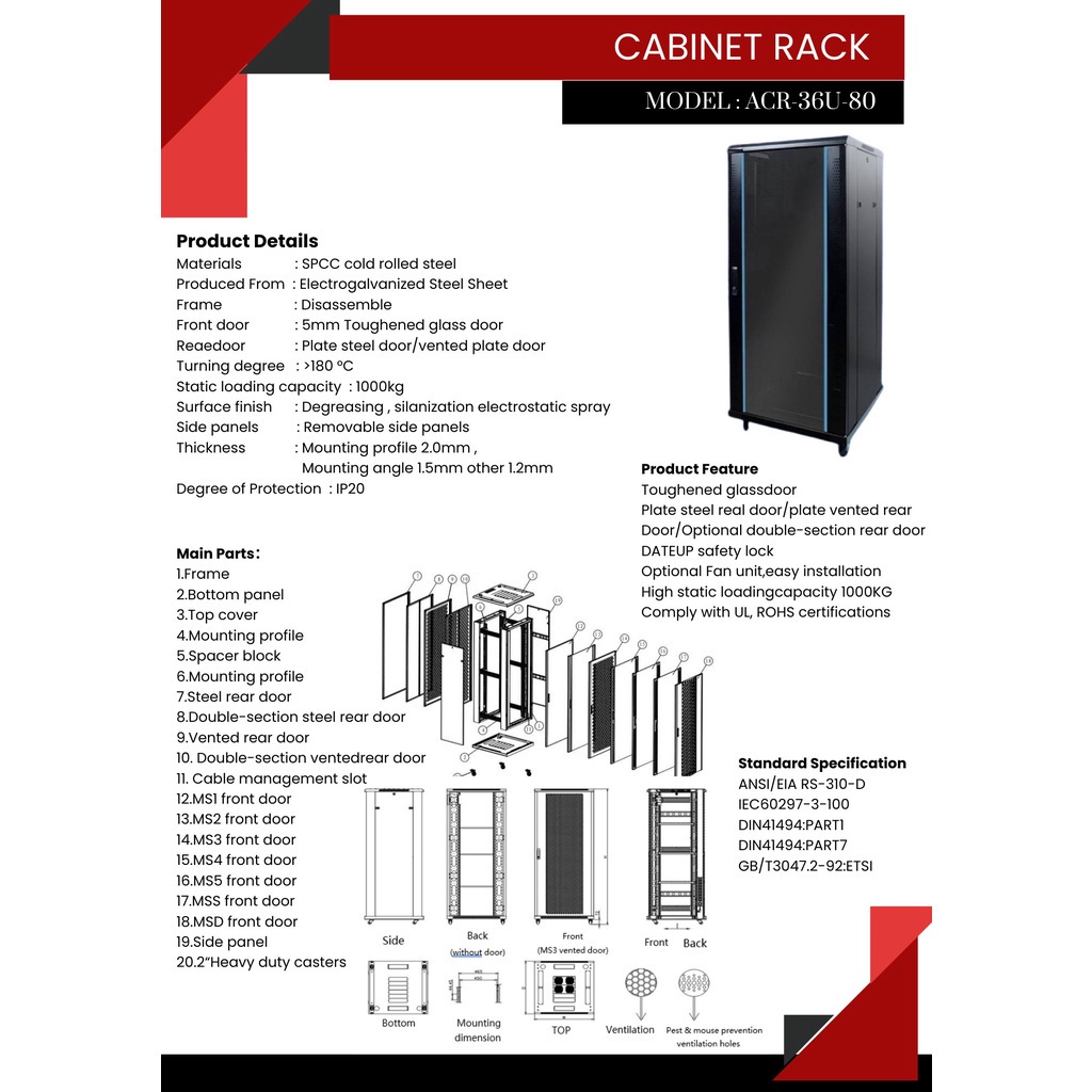 Apollo Network Cabinet ตู้ Rack 36U รุ่น ACR-36U-80 ขนาด 60x80x179cm ...