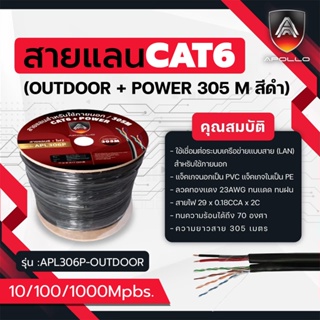 Apollo สายแลน+ไฟ Lan+Power CAT6 UTP  Cable Outdoor สำหรับใช้ภายนอก 305m./Box สายอินเตอร์เน็ท สายNETWORK กล้องวงปิดCCTV