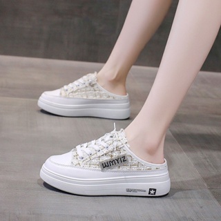 รองเท้ามุลเลอร์ เสริมส้น สีขาว แฟชั่นฤดูร้อน สไตล์เกาหลี สําหรับผู้หญิง 2023
