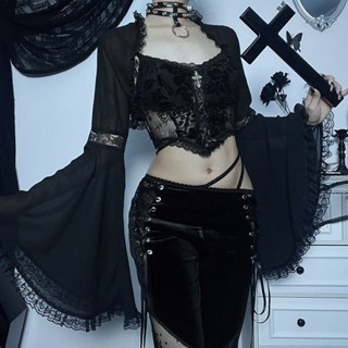 Darklooks เสื้อคาร์ดิแกน มีฮู้ด แขนบาน แต่งลูกไม้ สไตล์โกธิค โลลิต้า 9.5