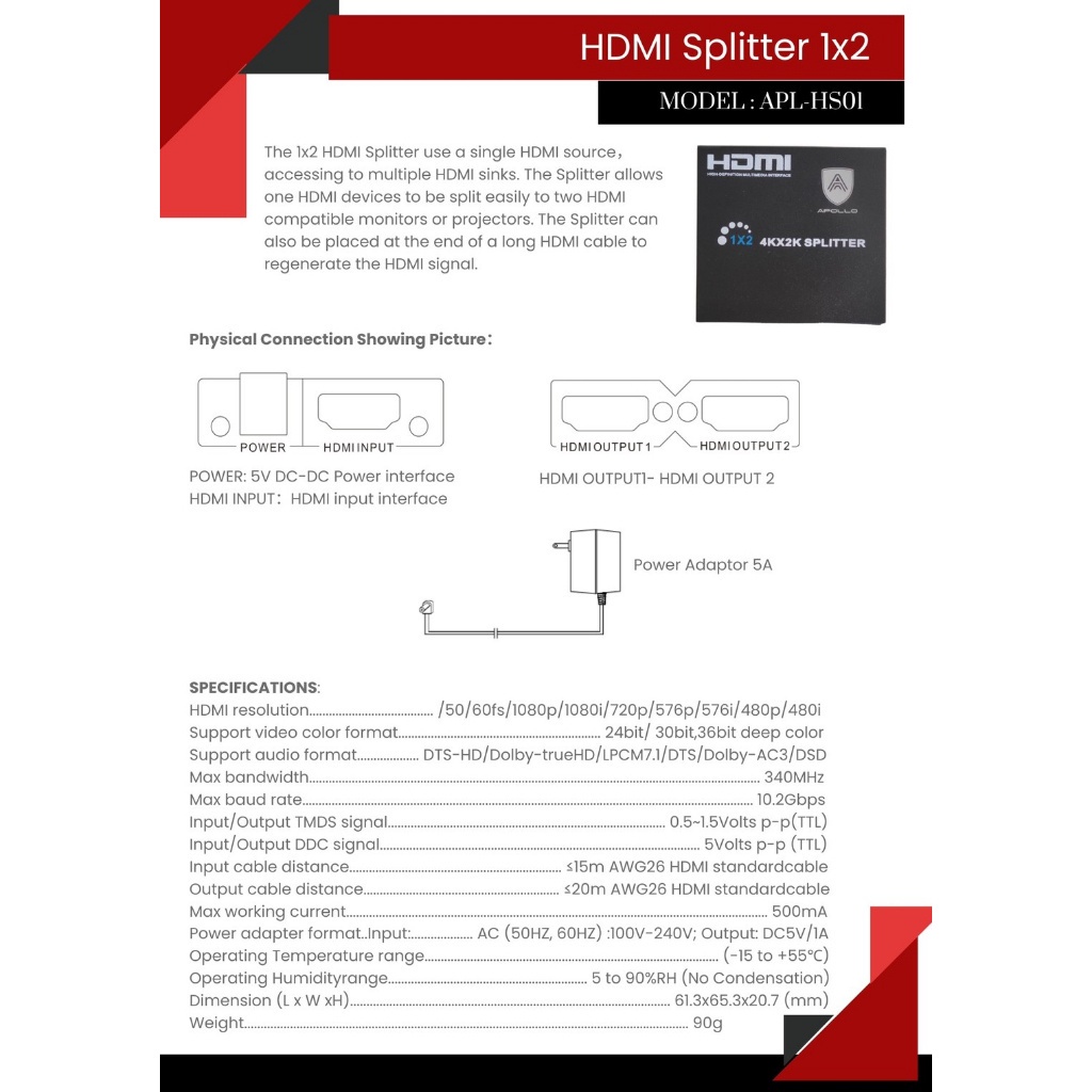 apollo-กล่องแปลงสัญญาน-hdmi-splitter-เข้า-1-ออก-2-hdmi-splitter-1x2-hdmi-1-in-2-out-รุ่น-apl-hs01