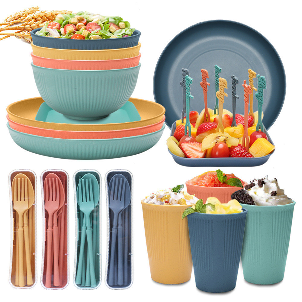 Eco Friendly Wheat Straw Travel Camping Plates And Bowl Cutlery Set ...