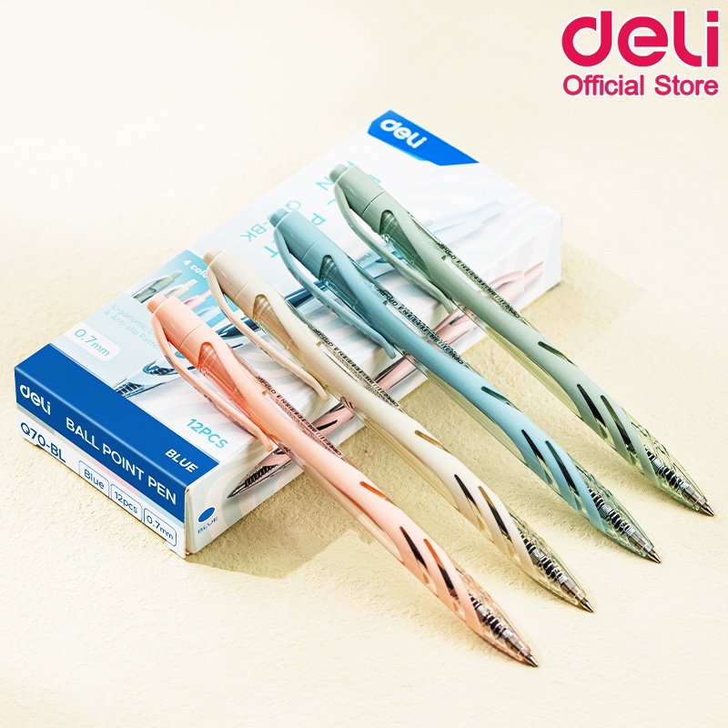 deli-q70-bl-ball-point-pen-0-7mm-ปากกาลูกลื่นแบบกด-หมึกน้ำเงิน-0-7mm-คละสี-1-แท่ง-ปากกากด-เครื่องเขียน-อุปกรณ์การเรียน