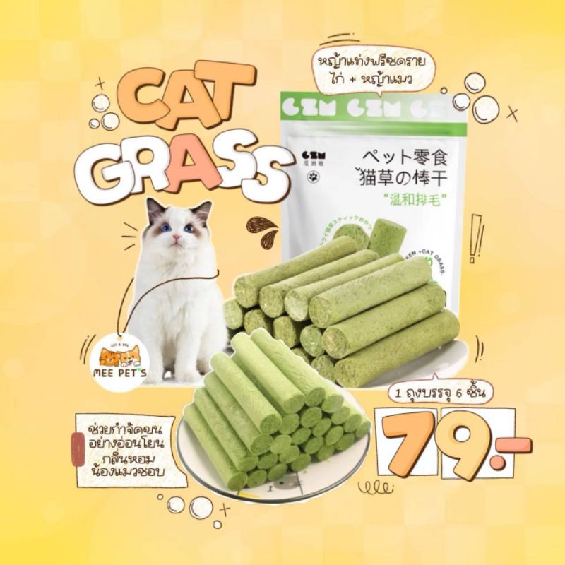 สินค้าใหม่-แนะนำ-cat-grass-ฟรีซดราย-พรีเมี่ยม-ขนมหญ้าแมวแท่ง-กำจัดก้อนขน-30-g