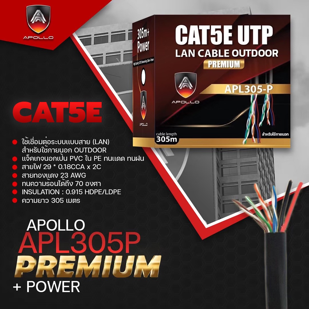 apollo-สายแลน-lan-ไฟ-cable-utp-cat5e-outdoor-premium-power-line-ใช้ภายนอก-305m-box-for-network-กล้องวงจรปิดcctv