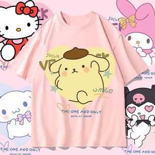 เสื้อยืด Sanrio สำหรับผู้หญิง Hello Kitty Melody Pom Pom Purin Kuromi เสื้อผ้าแขนสั้นพิมพ์ลายการ์ตูน