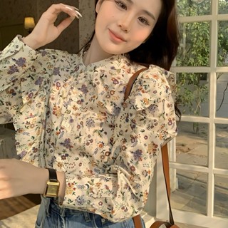 💜2XL เสื้อเชิ้ตแขนยาวลายดอกไม้เร้าใจอเนกประสงค์สไตล์ฝรั่งเศสใหม่เสื้อสาวหวานลดอายุ