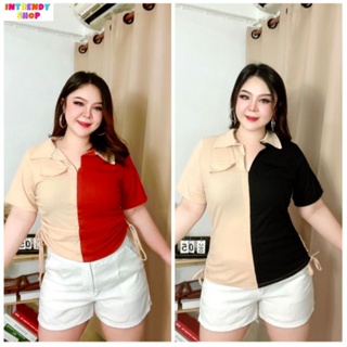 พร้อมส่ง.เสื้อครอปสาวอวบ คอปกรูดข้างFree size: 42 - 52 นิ้ว ใส่สวย( หน้าผ้า 46 นิ้ว)เป็นผ้าร่องยืดเนื้อดี.