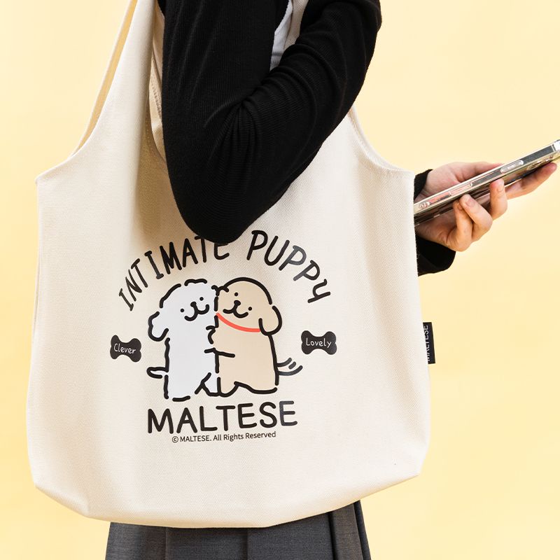 line-puppy-maltese-tote-bagการ์ตูนพิมพ์สองด้านนักเรียนหญิงกระเป๋าผ้าใบไหล่ความจุขนาดใหญ่