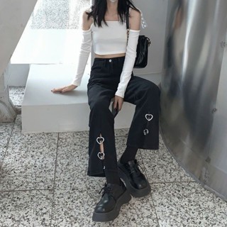 👖XS-XL เกาหลีขนาดใหญ่การ์ตูนเซ็กซี่เก๋สีดำร่องหลวมกางเกงยีนส์ขากว้างเอวสูงตรงการออกแบบความรักใหม่