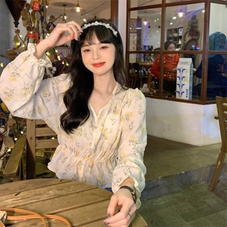 💜XL ใหม่ เวอร์ชั่นเกาหลีขนาดใหญ่ สีเบจ คอวี พิมพ์หวาน ผ้าชีฟองลายดอกไม้ เสื้อเชิ้ตสั้น แขนยาว เอว